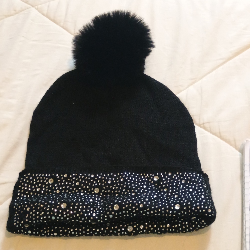 Steve Madden Black Beanie Hat with Rhinestones and Pom Pom Women's Winter Warm